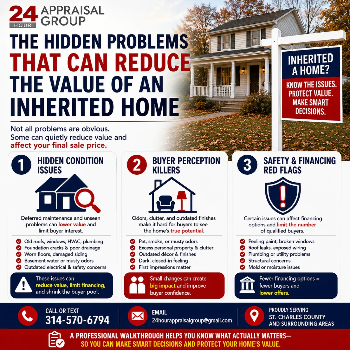 Infographic highlighting common hidden issues that can reduce the value of an inherited home, including deferred maintenance, odors, structural concerns, and appraisal insights.