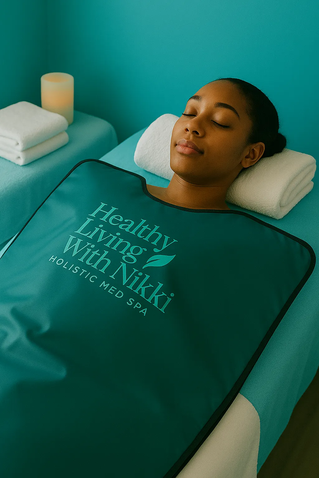 Client receiving infrared sauna blanket therapy