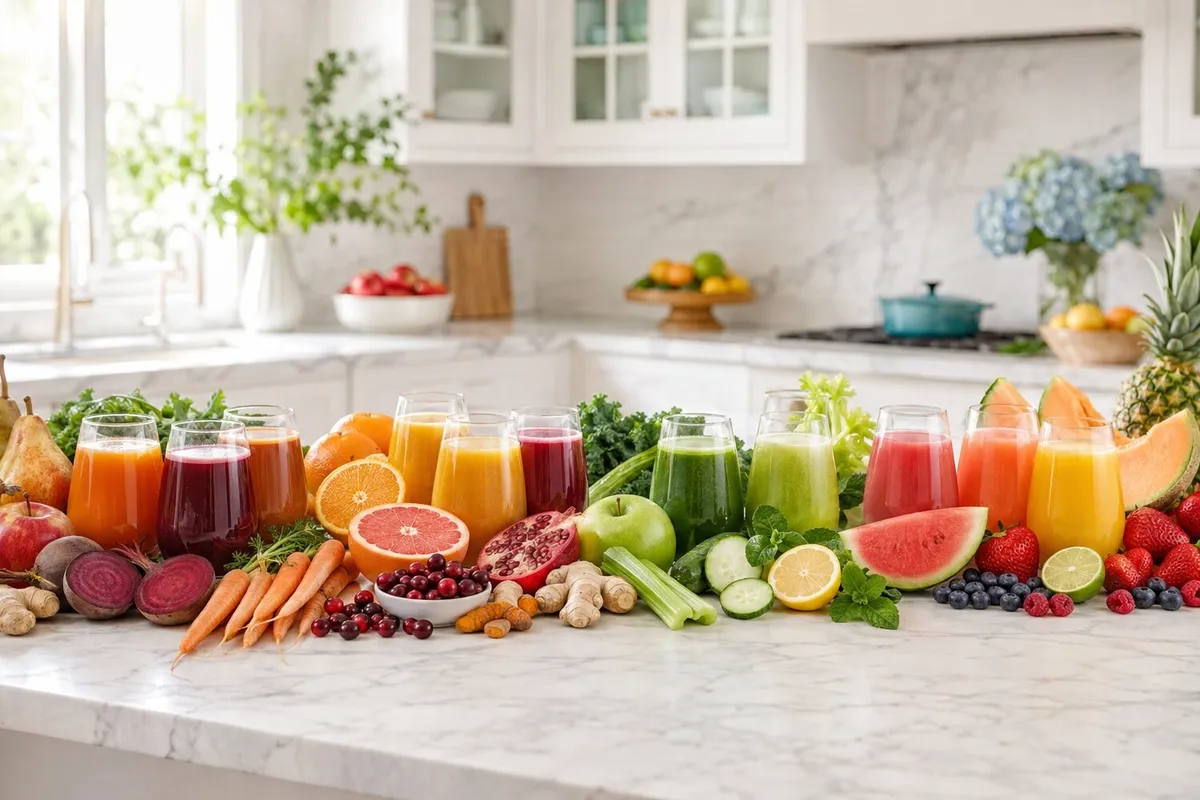 Colorful cold-pressed juices displayed with fresh fruits and vegetables
