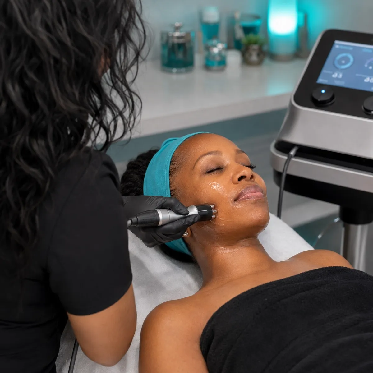 RF skin tightening treatment performed on a client’s face