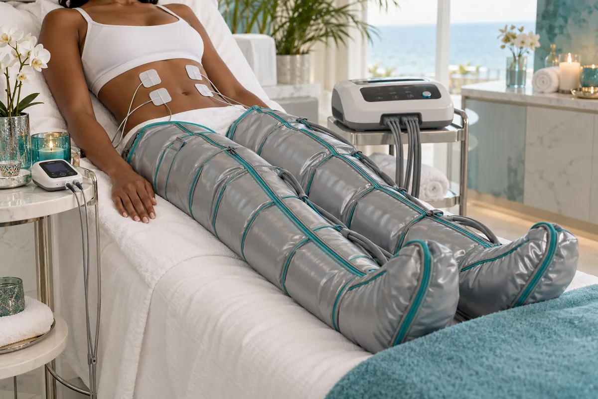 EMS muscle activation and pressotherapy lymphatic recovery treatment in progress