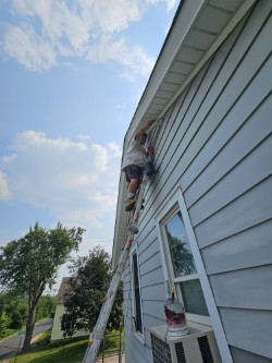 Freshly painted modern living room in soft white and navy accent wall