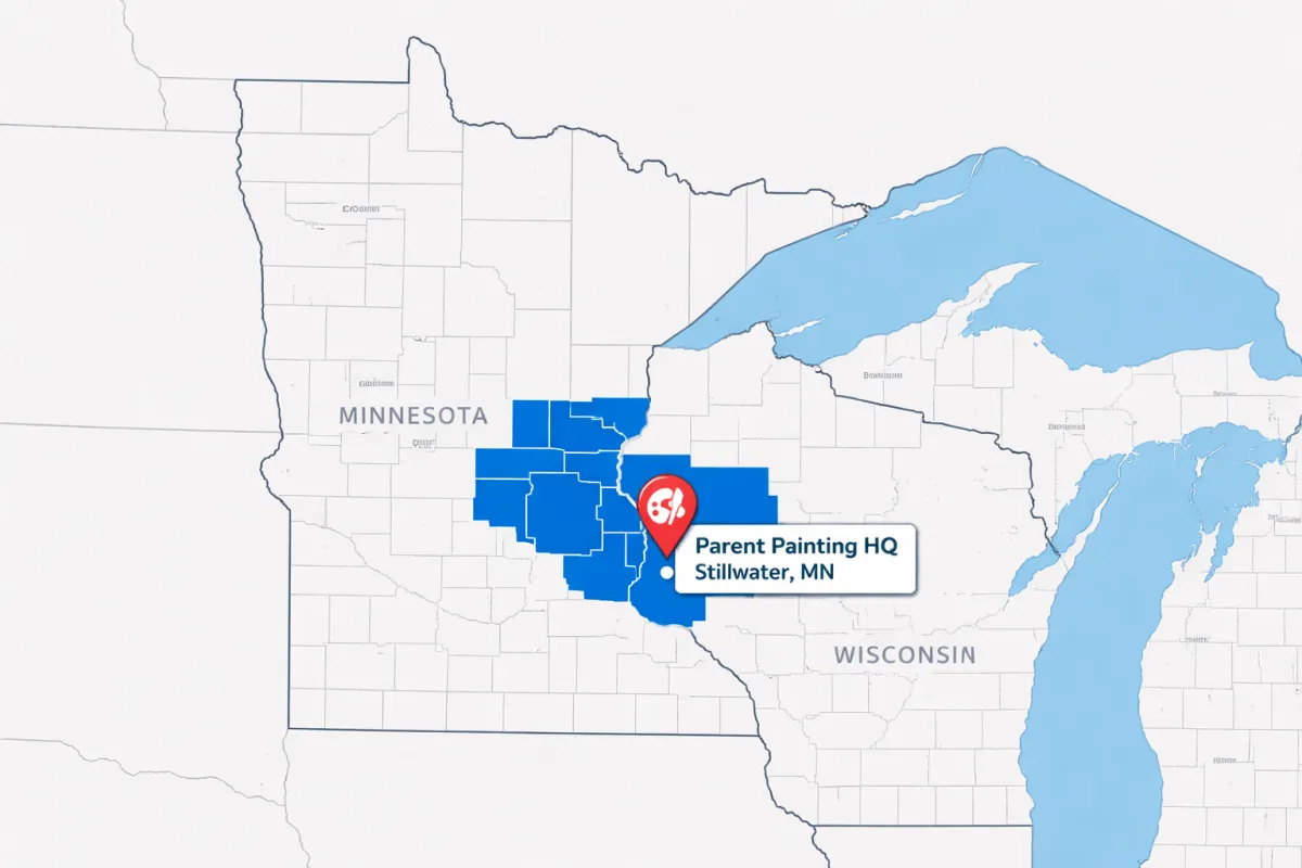 Map highlighting Parent Painting service areas in Minnesota and St. Croix County, Wisconsin