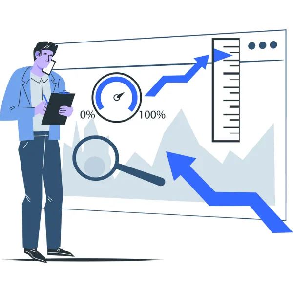 Illustration of a professional analyzing performance metrics with arrows, speed gauge, and magnifying glass—representing scalable marketing systems, conversion tracking, and growth optimization