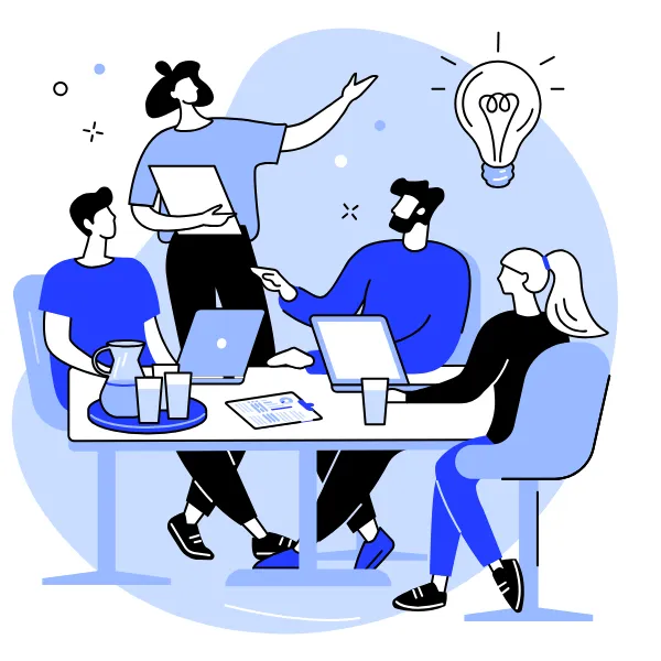 Illustration of a creative team collaborating around a table with laptops and a lightbulb—representing WebFast24’s strategic, people-powered approach to web and marketing solutions