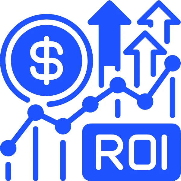 Graph with dollar sign, upward arrows, and ROI label—representing long-term return on investment, sustainable SEO growth, and performance marketing
