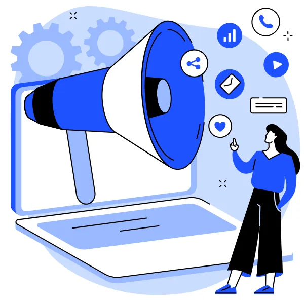 Illustration of digital marketer using social media management tools with a megaphone, content icons, and analytics—representing hands-off scheduling, branded engagement, and targeted growth on Facebook, LinkedIn, and X