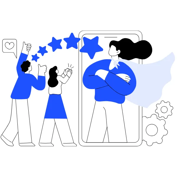 Illustration of customers engaging with a trusted brand—symbolizing social media credibility, 5-star reviews, and audience trust