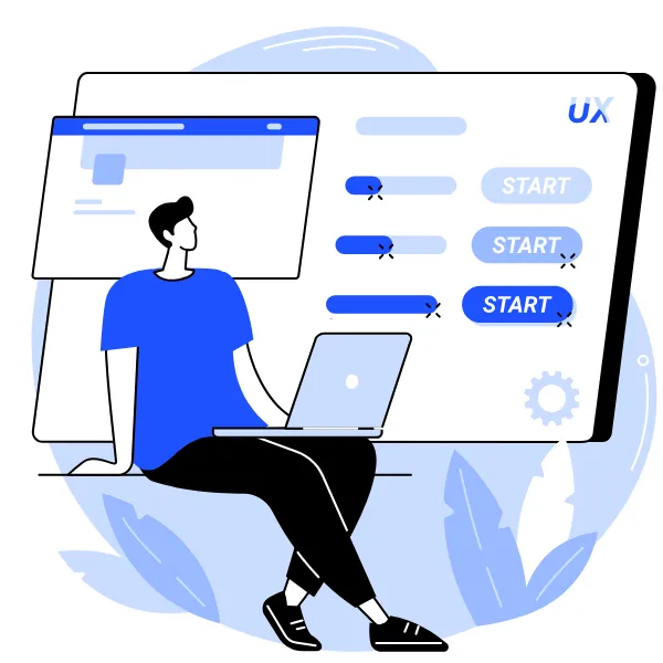 Illustration of relaxed business owner with a laptop and start buttons on a user interface—representing done-for-you social media services, time-saving automation, and business growth support