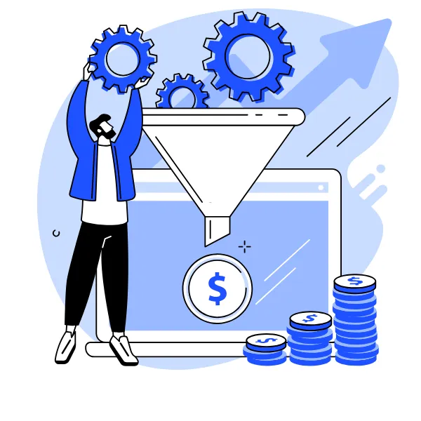 Illustration of a marketing funnel converting gears into dollar signs—representing social media lead generation, conversion strategy, and monetizing engagement