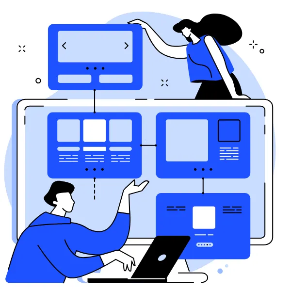 Illustration of marketers coordinating interconnected web layouts—representing how social media amplifies SEO, retargeting, and brand engagement across digital campaigns