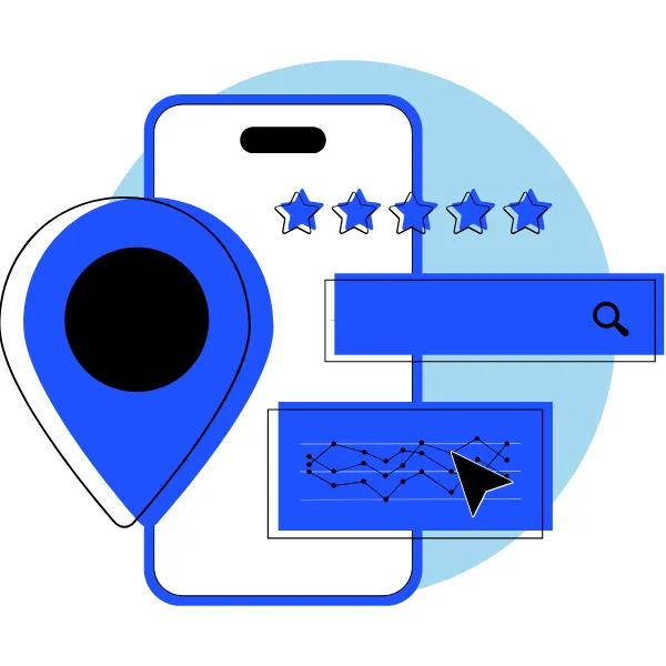 Illustration of a mobile device showing a location pin, five-star rating, and search bar—symbolizing GBP optimization for local visibility, reviews, and Google Maps ranking.