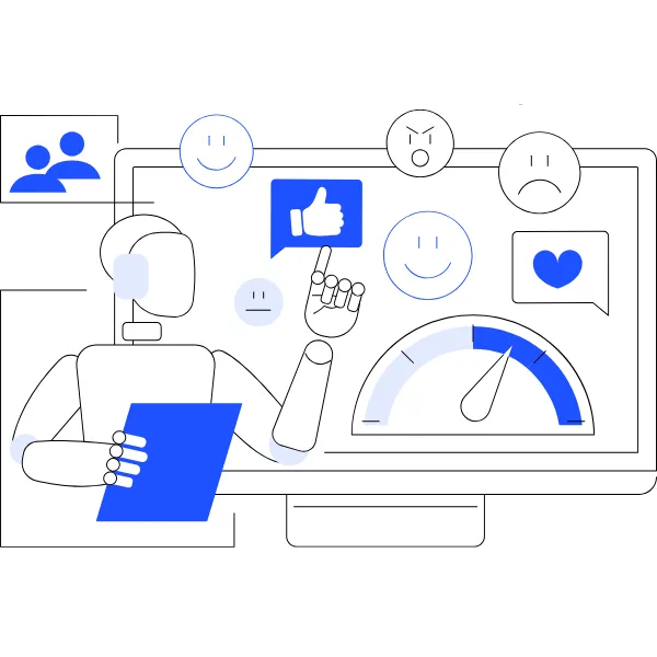 Automated follow-up system illustration showing a robot managing engagement and customer feedback in real-time for better conversions.