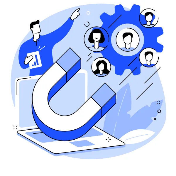 Lead generation illustration showing a magnet attracting customer avatars through automated marketing workflows and digital strategy.