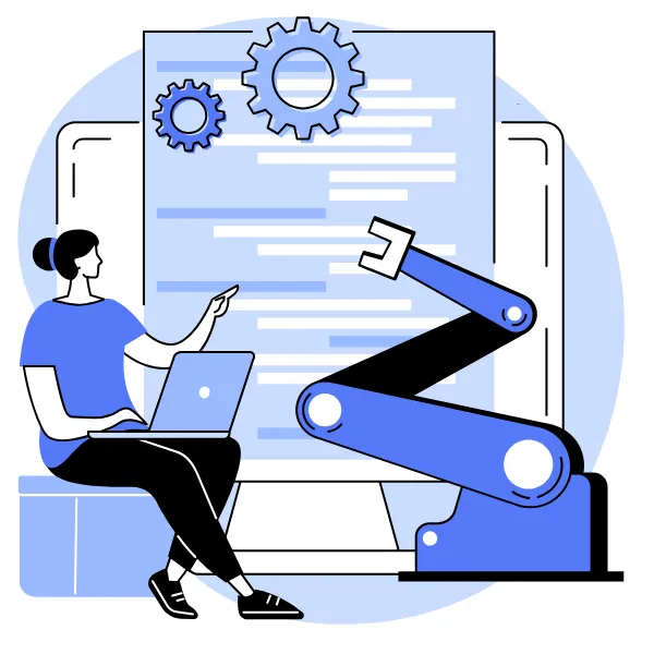 Marketing automation concept with robot arm and marketer working on nurturing lead sequences through email workflows and smart content delivery