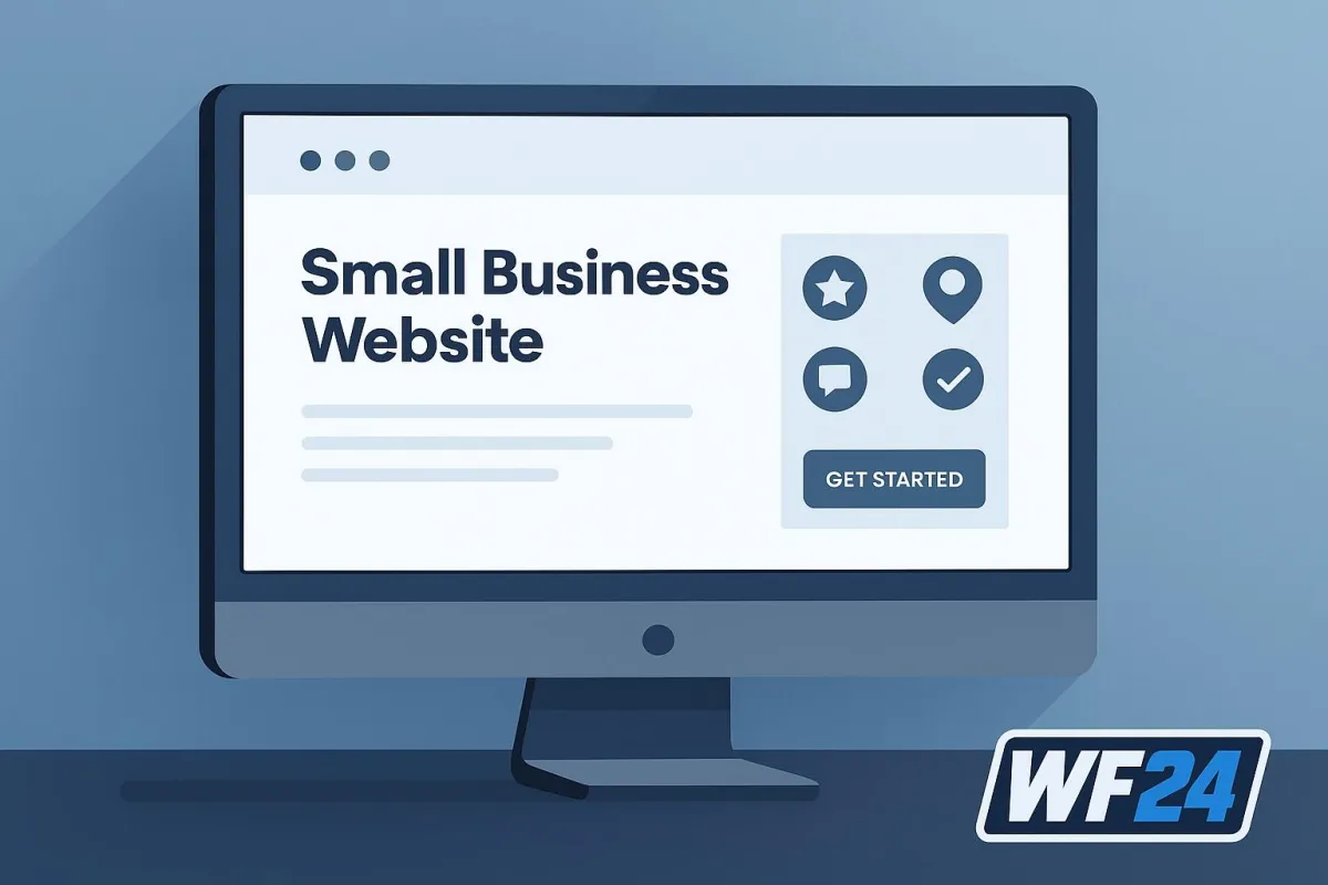 Modern small business website mockup with trust icons, call-to-action button, and WF24 branding displayed on a desktop computer screen.