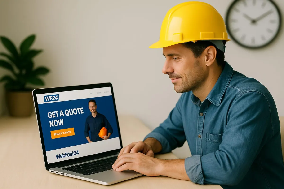 Construction business owner reviewing a WebFast24-built website with a contractor landing page displayed on screen, featuring trust elements and a call-to-action.