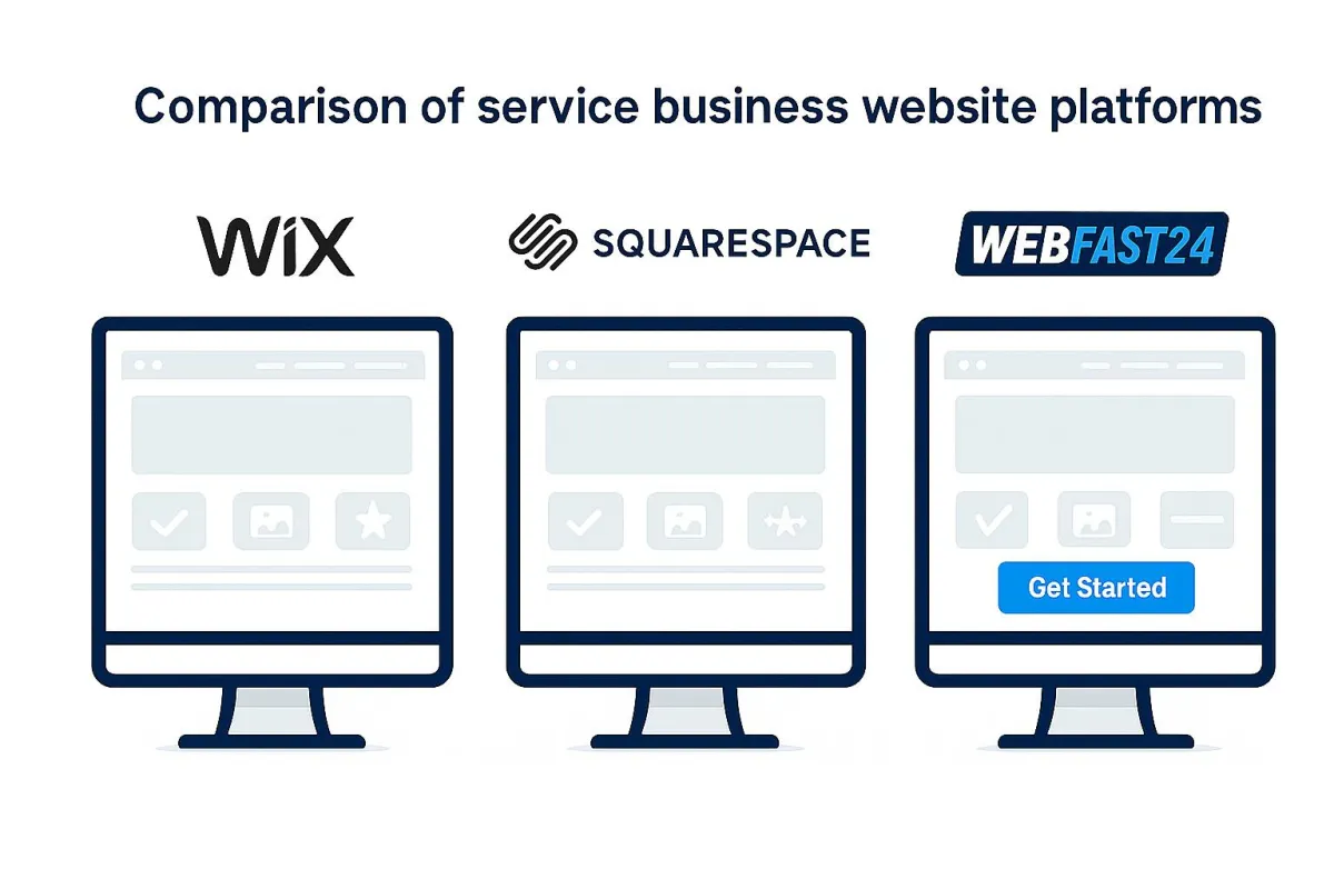 Side-by-side comparison of service business website platforms: Wix, Squarespace, and WebFast24, highlighting design and call-to-action differences.
