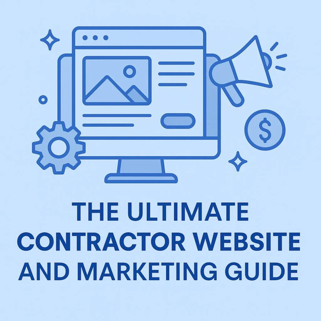 WebFast24 blog graphic for contractor website and marketing guide, showing a blue computer screen with web icons like a gear, megaphone, and dollar symbol, representing fast and effective online strategies for contractors.