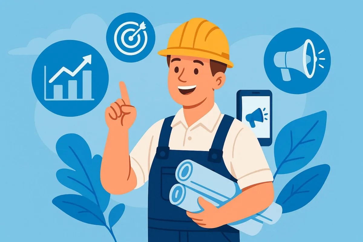 Blue-themed illustration of a smiling contractor in a yellow hard hat holding blueprints, pointing upward toward icons representing business growth, marketing, and lead generation—symbolizing how smart strategies can help contractors grow with WebFast24.