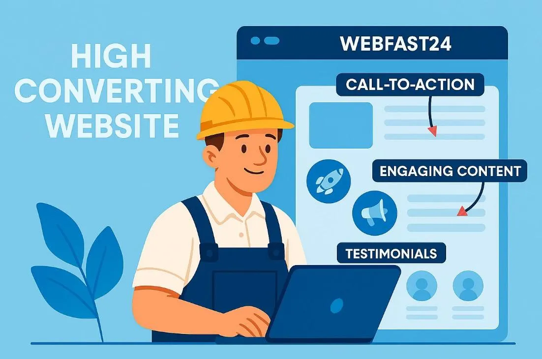 WebFast24 illustration of a smiling contractor using a laptop, with a website layout showing key features like call-to-action, engaging content, and testimonials—representing smart, high-converting strategies to grow a contractor business online.