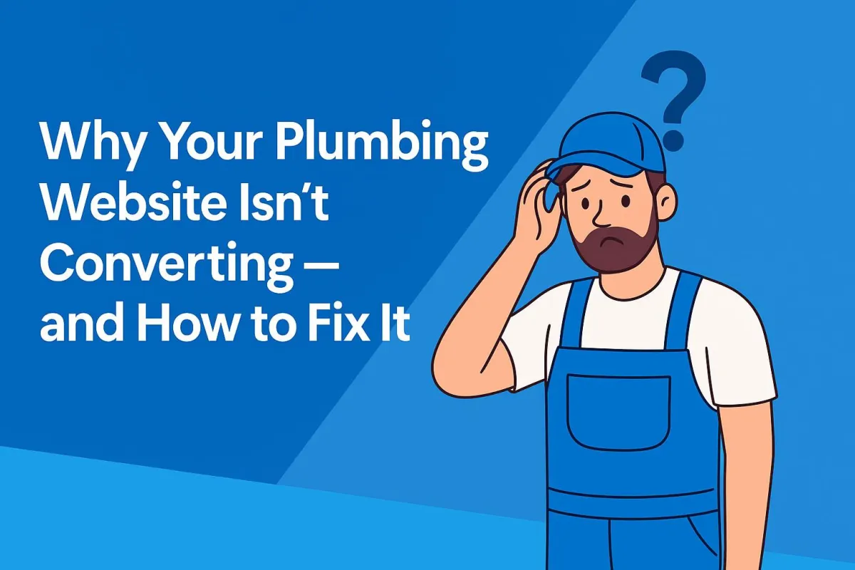 Confused plumber illustration with WebFast24 branding colors, representing a frustrated contractor struggling with a website that doesn't generate leads — used as a blog header for plumber website optimization tips.