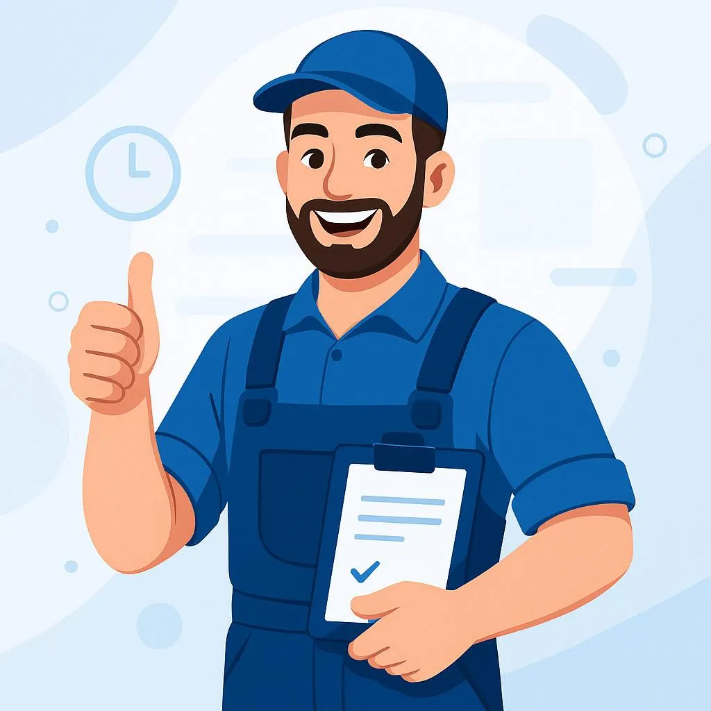 Happy plumber illustration in WebFast24 brand colors (blue and dark blue), celebrating after booking a free strategy session — symbolizing website success and lead growth for service businesses.