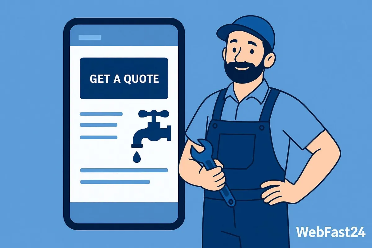 Modern contractor illustration in WebFast24 brand colors, placed between mobile optimization and trust signal sections to break up content — emphasizes performance and professionalism in plumbing web design.