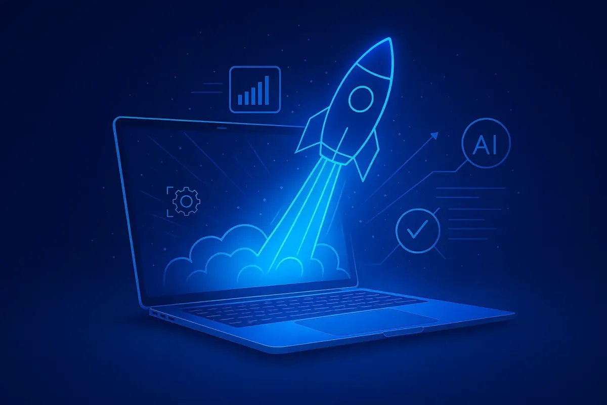 Futuristic laptop launching a digital rocket with AI and analytics icons — representing WebFast24’s fast, smart marketing and 7-day website solution.