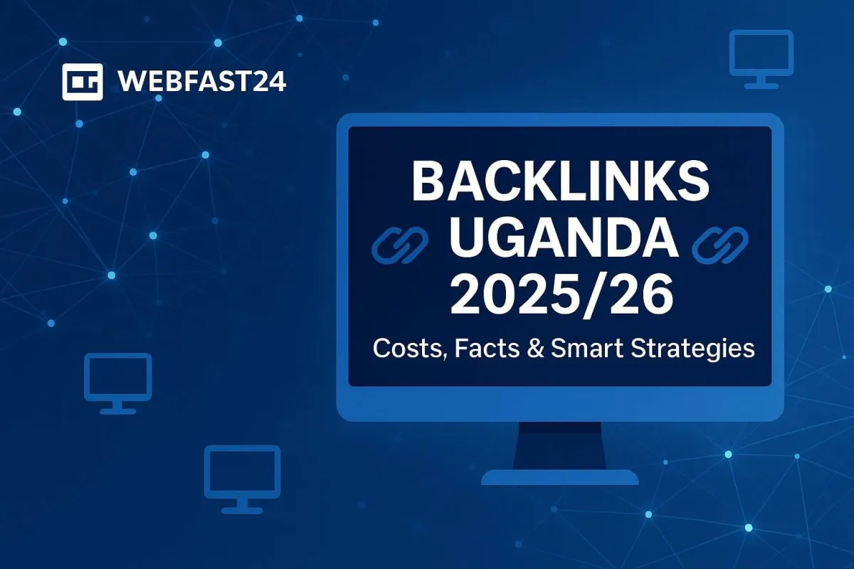 WebFast24 graphic showing digital connection lines and computer icons representing backlink networks in Uganda 2025/26 for SEO and local business visibility.