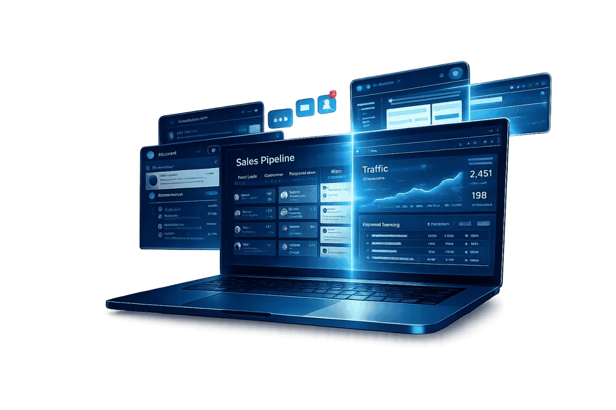 WebFast24 marketing and CRM dashboard displaying lead generation pipeline, traffic analytics, and automated follow-up system for SEO, AI search visibility, and business growth