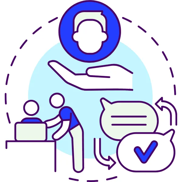 Illustration of automated follow-up communication with messaging icons, client support, and checkmarks—representing lead nurturing, reminders, and sales automation