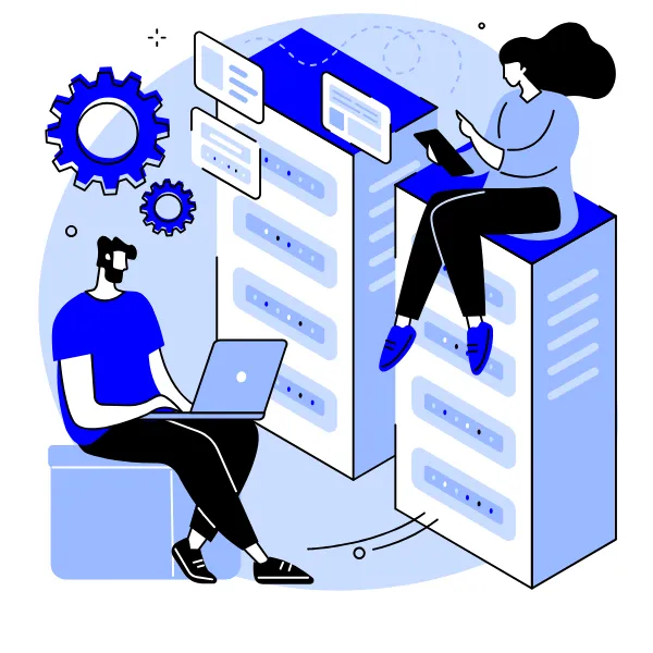 Illustration of developers working on web servers and interface layouts—representing custom website design, performance optimization, and responsive development
