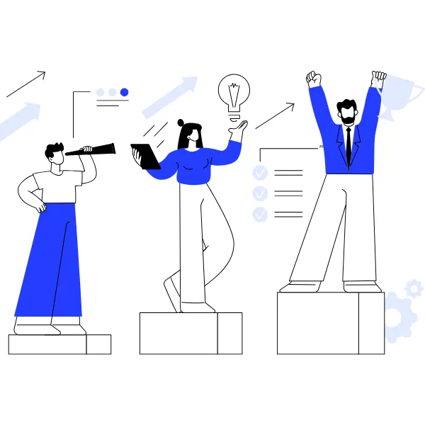 Illustration of business professionals progressing from planning to success—representing strategy, implementation, and achieving digital growth milestones