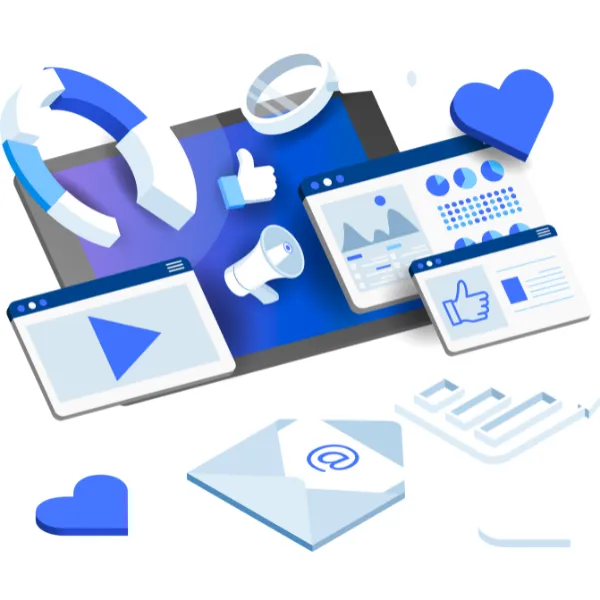 Digital illustration of social media dashboards, video content, likes, email, and engagement icons—representing consistent brand management and audience growth