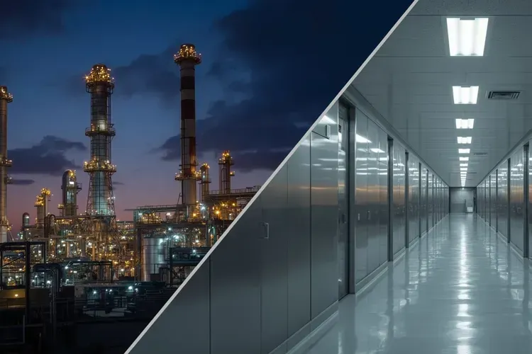 Split screen scene with a realistic industrial plant on the left and a clean studio background on the right for product placement.