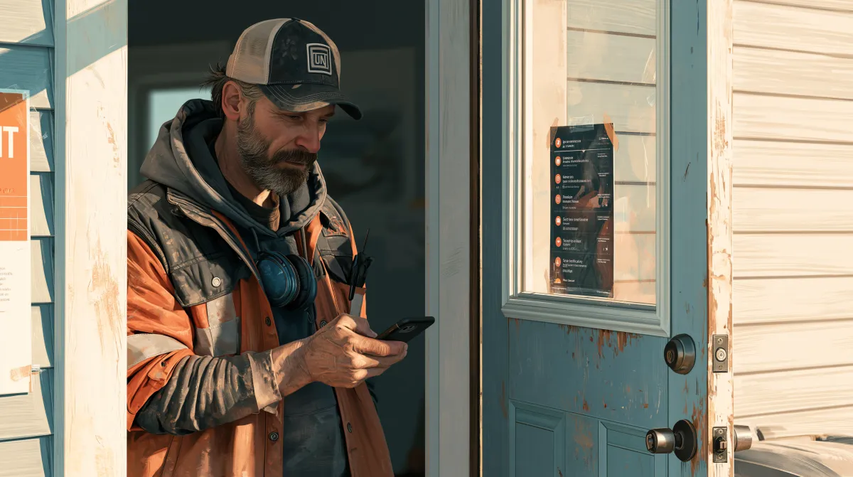 Service business owner standing in a doorway in work clothes, checking a phone full of notifications, caught between the job site and the office