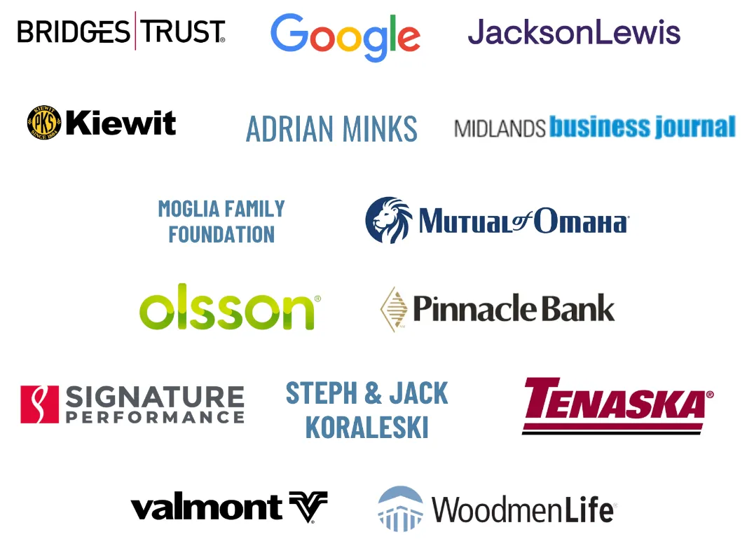 Sponsor and partner logos including Bridges Trust, Google, Jackson Lewis, Kiewit, Adrian Minks, Midlands Business Journal, Moglia Family Foundation, Mutual of Omaha, Olsson, Pinnacle Bank, Signature Performance, Steph & Jack Koraleski, Tenaska, Valmont, and WoodmenLife.