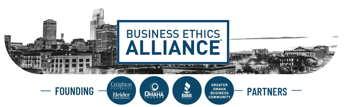Business Ethics Alliance logo over a black-and-white Omaha city skyline, with founding partners Creighton University Heider College of Business, Greater Omaha Chamber, Better Business Bureau, and Greater Omaha Business Community.