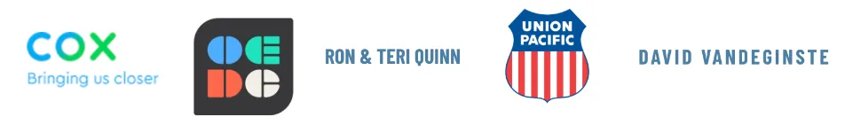 Sponsor logos and names featuring Cox, Ron & Teri Quinn, Union Pacific, and David Vandeginste.