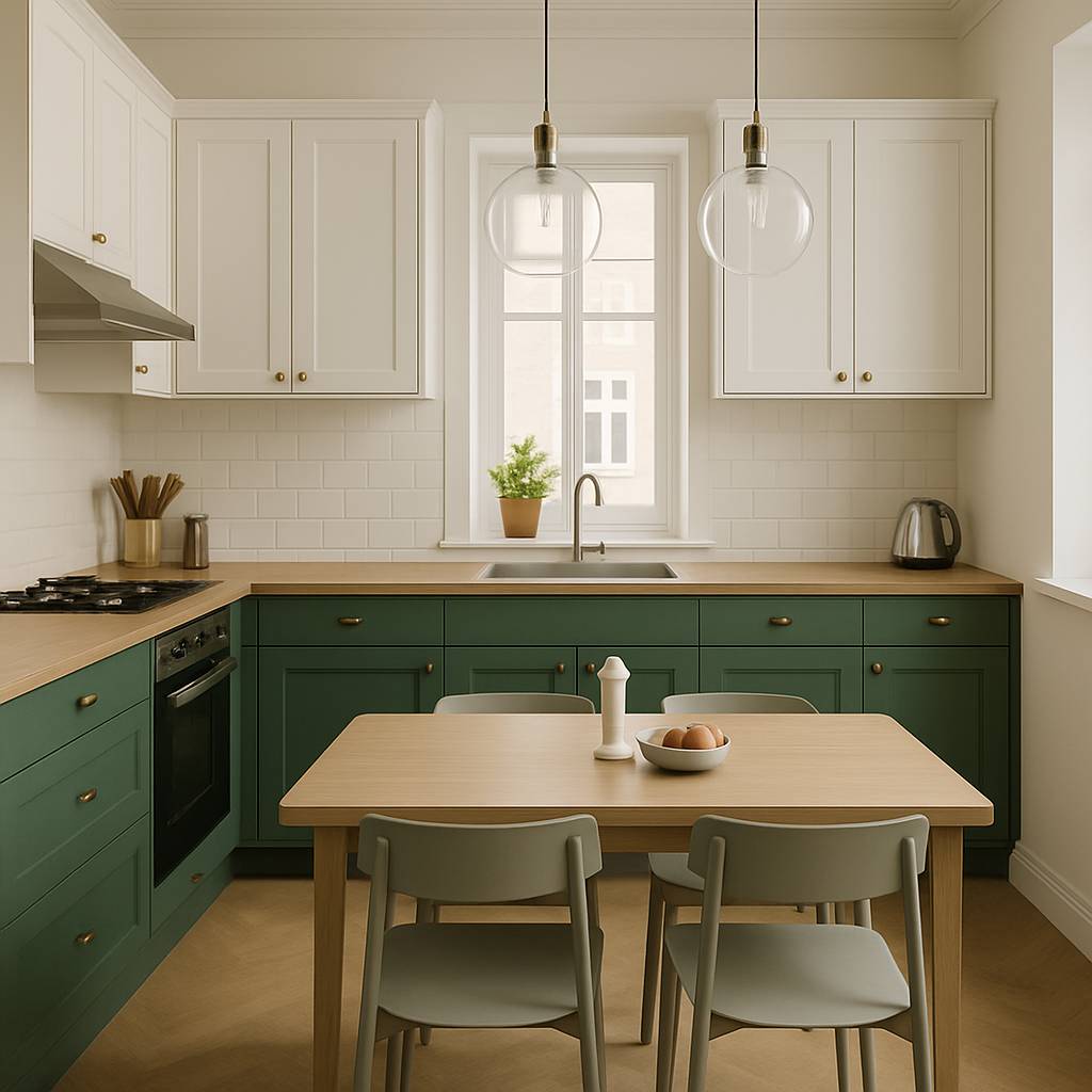 Bright modern kitchen with white upper cabinets and green shaker base cabinets