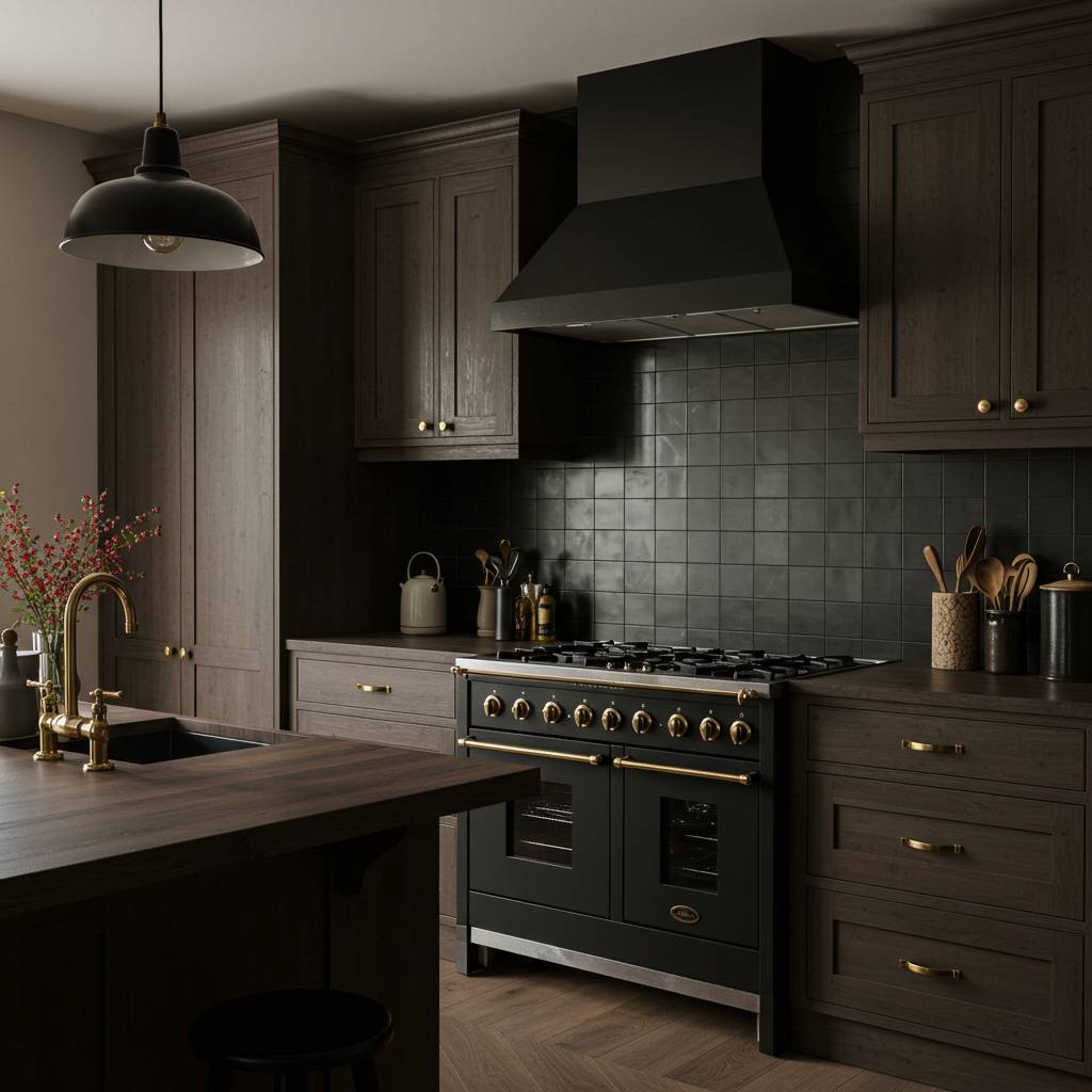 Dark modern kitchen with wood cabinets, black tile backsplash, and a black gas range