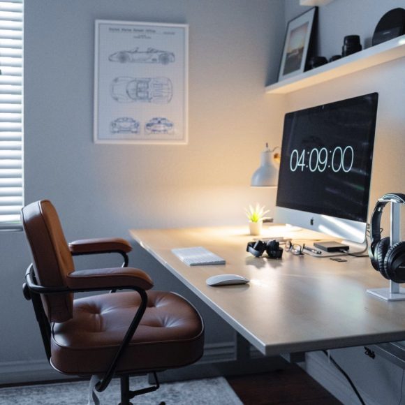 A sleek, organized workspace with warm lighting.