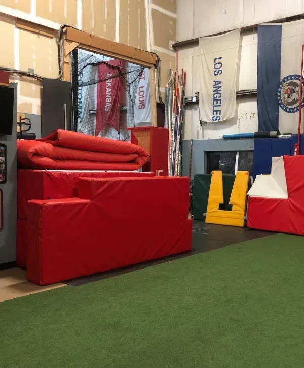 A wide interior view of a bright indoor sports facility with green artificial turf and overhead safety netting.