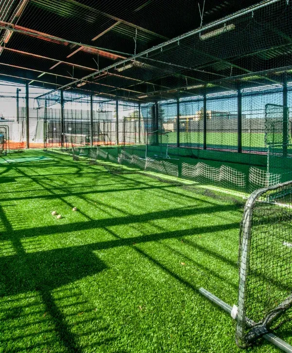 An indoor artificial turf sports field basked in sunlight with prominent shadows, featuring netting and a small goal.