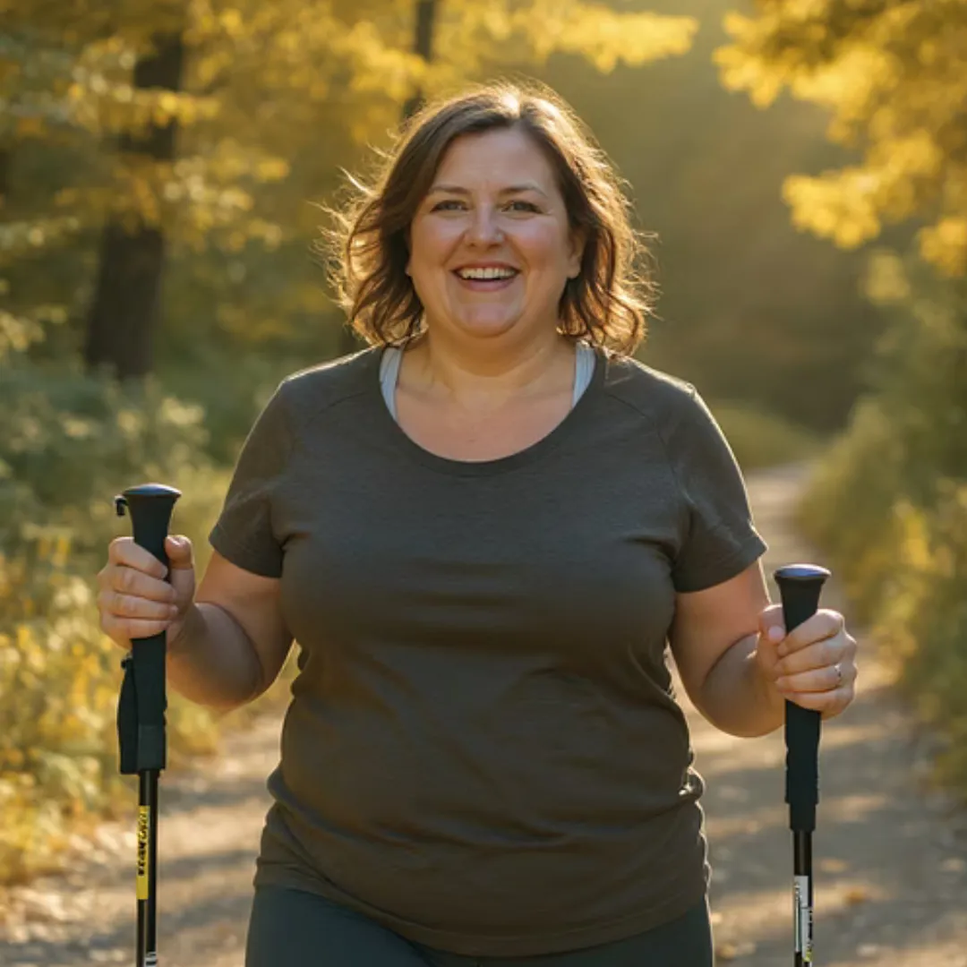 Woman walking with hiking poles outdoors, representing faith-based weight loss and holistic wellness