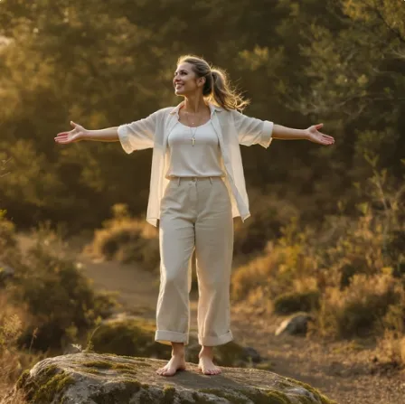 Joyful woman standing barefoot on rock with open arms in sunlight, symbolizing freedom and transformation through faith-based weight loss