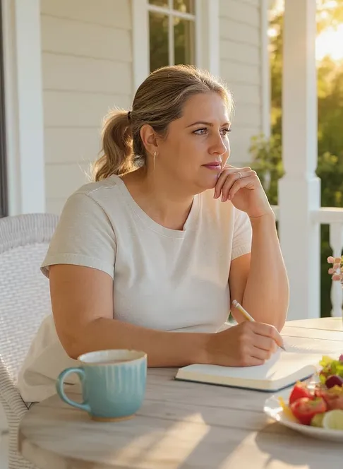 Woman sitting on porch with notebook and coffee, thoughtful and seeking answers for faith-based weight loss