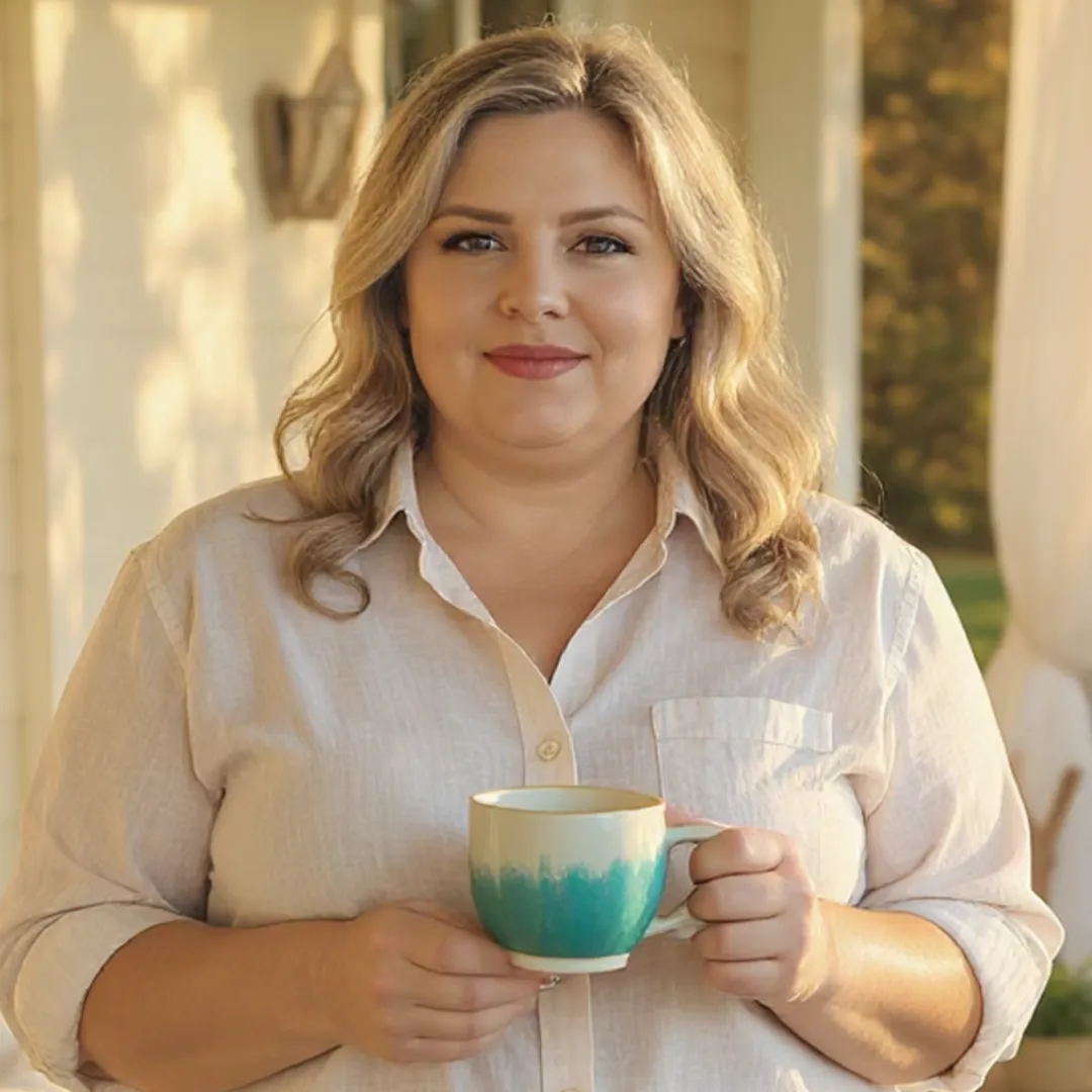 Confident woman holding coffee cup on porch, symbolizing peace, hope, and faith-based weight loss transformation