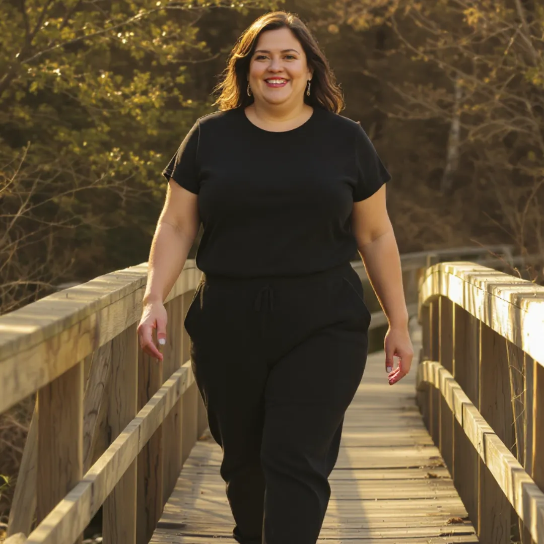 Smiling woman walking confidently on bridge, symbolizing freedom, confidence, and lasting change through faith-based weight loss